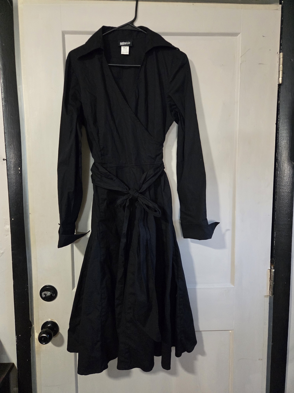 metrostyle Black Long-Sleeve Wrap Dress with Tie Waist and Collar